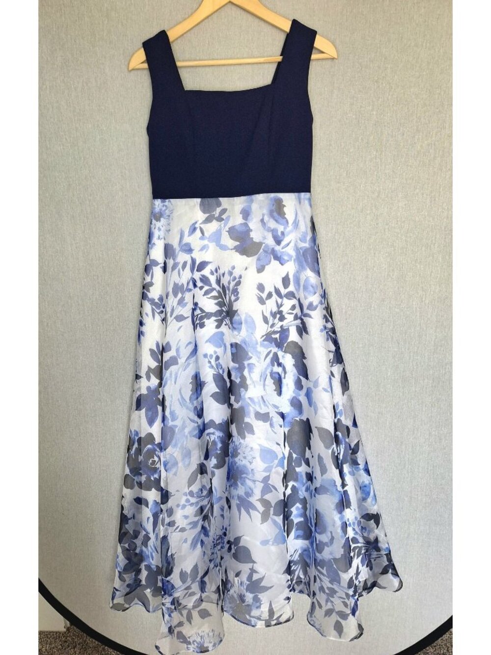 💙 Eliza J Petite Blue Floral Fit Flare Midi Dress Organza Size 8P Overlay Weddi